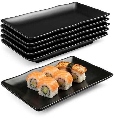 Jinfanshurich Piatti rettangolari neri in melamina, piatti da portata, antipasti, dessert, snack per sushi, torte, insalata, frutta e contorni, impilabili e lavabili in lavastoviglie (6 pezzi)