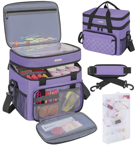 LASUK Double-layer Sewing Accessories Organiser with Removable Tray, Purple | Large Capacity, Sewing Storage Bag, Shoulder Strap, Travel Storage Case, for Stitching Tools