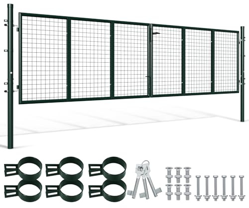 Trädgårdsgrind metall, dubbelbladig trädgårdsdörr, 350 x 100 cm, rund rörbredd, för tomt/garagegård, för staket med dubbla stavar (grön)