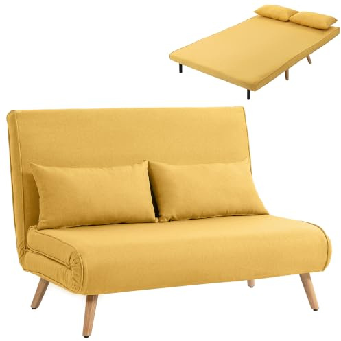 HOMCOM Sofá Cama de 2 Plazas Plegable 3 en 1 Tapizado en Lino Amarillo | Sofá Cama, Respaldo Ajustable 5 Posiciones, 2 Almohadas, para Dormitorio, Salón