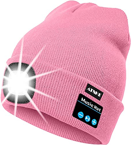 ATNKE LED beleuchtete Bluetooth-Beanie-Kappe, wiederaufladbare USB-Musikalische Laufmütze mit extrem hellem 4-LED-Licht wasserdichte Lampe für das Skifahren Wandern Camping Radfahren (Pink)
