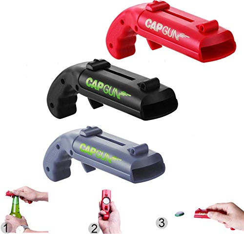 Jsvacva Cap Gun Flaschenöffner, Bieröffner Pistole Kronkorken Original Männer Bieröffner Lustig Schießt Launcher für Zuhause, Bar, Party, Trinken Spiel und Geschenk, Grau, Rot und Schwarz-3 Stück