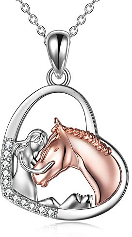 YFN Mädchen und Pferd Halskette für Mädchen Sterling Silber Pferdeschmuck Pferd Geschenke für Frauen (Mädchen mit Rose Horse Halskette mit Abalone Shell)