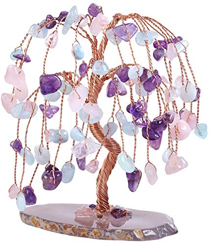 KYEYGWO 3 Farben Heilung Kristall Geldbaum mit Achat Scheiben Base, Polieren Kristallbaum Feng Shui Bonsai Baum Kupferdraht Edelsteinbaum Haus Deko für Glück, Reichtum und Gesundheit