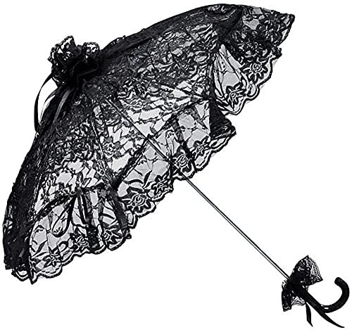 Black Sugar Déguisement Parapluie Ombrelle Blanc Noir Rouge Solide Vinyle Dentelle Rubans Cérémonie Mariage Parasol Gothique Lolita Déguisement Cosplay Convention (Noir Dentelle)