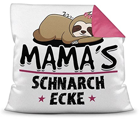 Schnarch-Kissen - mit Spruch für Mama - Mamas Schnarch-Ecke, Sabber-Kissen - Lustiges Muttertagsgeschenk, für die beste Mama, Geburtstag, Weihnachten - Farbkissen Rückseite Pink, 40x40 cm