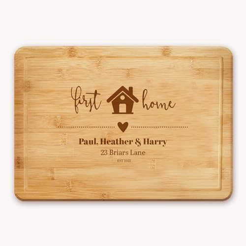 Personalised New Home Chopping Board- Custom Text for Address & Date- Natural Bamboo- Housewarming, First Home, Chopping Board- Ideal for Gifting- 25 x 35cm