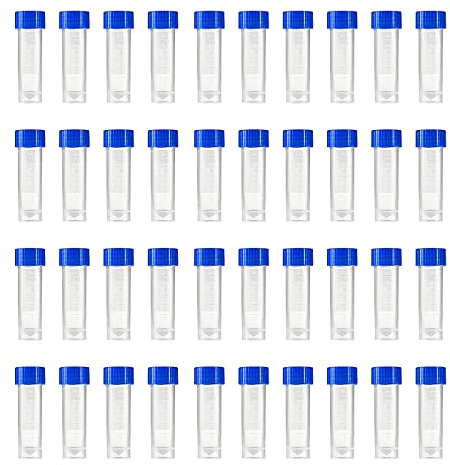 HUAZIZ 40 Stück Probenröhrchen 5ML mit Blau Deckel, Kunststoff Kryoröhrchen Reagenzglasprobe Plastikröhrchen Reagenzglas Reagenzgläser Probierrohr für Labor und Krankenhaus