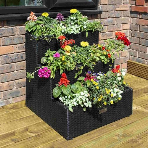 Rowlinson Albany Wicker Rattan 3 Tier Garden Planter Black