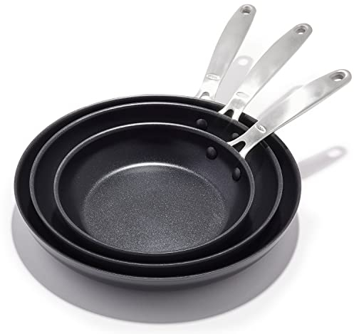 OXO Enhanced, 20,3 cm, 25,4 cm und 30,5 cm, 3-teiliges Bratpfannen-Set, gesunde Keramik-Antihaftbeschichtung, PFAS-frei, Edelstahl-Griff, spülmaschinenfest, ofenfest, schwarz