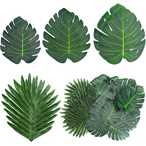 Bubuyun 48 PCS Feuilles de Palmier Artificielles et Plantes Tropicales, Feuilles Tropicales Artificielles de 4 Styles pour Les Thèmes de la Jungle, Les Fêtes Hawaïennes