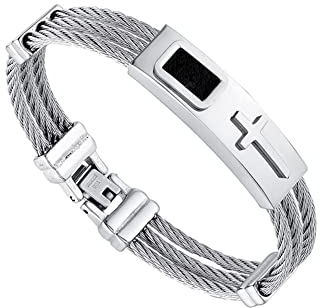 PAURO Herren Edelstahl Silber Kabel Draht verdreht Seil Kreuz Armreif Armband