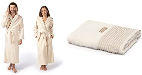 Möve Wellness Kapuzenmantel mit Chenillebiesen in Gr. S aus 100% Baumwolle (Spinair), nature & Wellness Saunatuch Uni mit Chenillebiesen 80 x 200 cm aus 100% Baumwolle (Spinair), nature