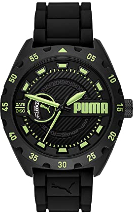 PUMA Herrenuhr Street V2, DreizeigerDatumswerk, 48MM Schwarzes Rizinusölgehäuse mit Silikonarmband, P5112