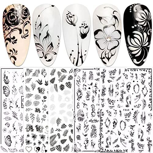 JMEOWIO Nagelsticker Frühlings Schwarz Weiß Blume 10 Blatt Nail Art Sticker Selbstklebend Nagelaufkleber Sommer Blumen Blatt Dekoration Nageldesign Zubehör