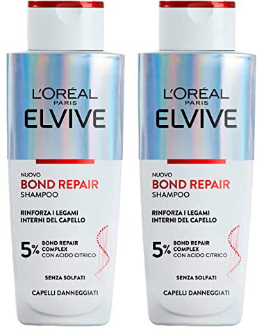 L'Oréal Paris Elvive Bond Repair Shampoo Per Capelli Danneggiati Formula Detergente e Rinforzante Senza Solfati e con 5% di Acido Citrico - 2 Flaconi da 200ml