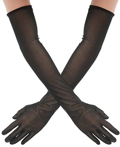 Yolev Women's Sheer Black Mesh Tulle Long Gloves for Dance, Bridal, Wedding, Evening, Halloween Party