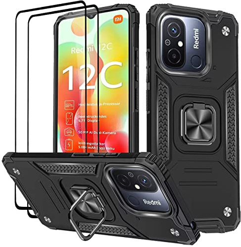 KANSi Hülle für Xiaomi Redmi 12C / Redmi 11A, Schutzfolie [2 Stück] Silikon TPU Hart PC Handy Hüllen 360 Grad Drehbar Ringhalter Bumper Stoßdämpfung Schutzhülle - Schwarz
