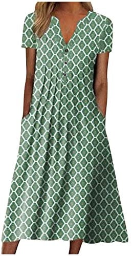AMhomely 2023 Women Summer Printing Causal V-Neck Button Short Sleeve Vacation Pockets Dress Green, XXL