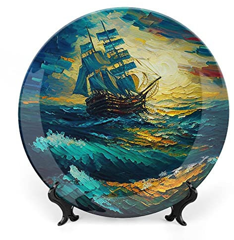Gokays Piatti decorativi da appendere alla parete, piatto in ceramica per pittura notturna, Wobble-Plate con espositore, decorazione per la casa per mobili da cucina, vassoio rotondo da 18 cm
