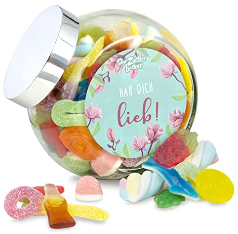 Der Zuckerbäcker Schräghalsglas Hab Dich Lieb – süßer Nasch-Mix aus Fruchtgummi und Marshmallow, romantisches Geschenk für Freund oder Freundin zum Jahrestag oder Valentinstag