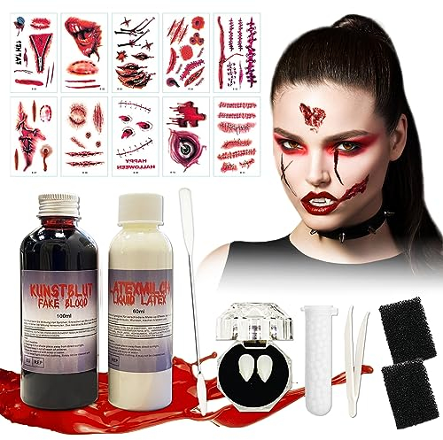 100ml Faux Sang,60ml Latex Liquide avec Éponge de Maquillage et Spatule,10 Tatouages d'halloween,15mm Dent de Vampire,Maquillage Halloween Zombie Vampire pour Enfants et Adultes(B)