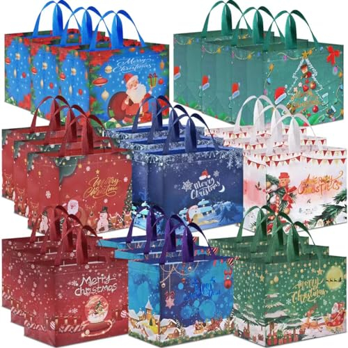 AhfuLife 24 Stück Geschenktüten Weihnachten Groß, Non Woven Weihnachtstaschen Weihnachtstüten mit Griffen, Wiederverwendbare Weihnachtsgeschenktüten, Weihnachts Geschenktüten, 32.5 x 25 x 17 cm