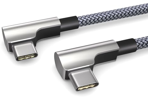 PAXO Cable de carga de 0,2 m, 3 A, cable USB C a USB C, USB 2.0, elegante enchufe acodado, funda de tejido especialmente flexible en color plata