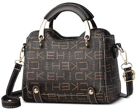 FOLOVEYA Elegant Handtasche Damen Klein Umhängetaschen Mode Frauen Henkeltaschen Crossbody Tasche Schultertasche PU Leder für Arbeiten Reisen Dating Top Griff Tasche Kaffee Buchstaben