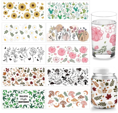Arricraft UV DTF Cup Wrap Transfer Aufkleber - 10 Stück in 10 Stilen, Pflanzenbecher-Transferpapier Mit Blumen, Blätter, Pilz-Cup-Wrap - Wasserfeste Rub-Abziehbilder Für Bastelglas
