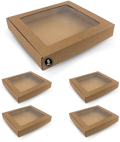 Scatole regalo in cartone Kraft con finestra trasparente, 5 unità, 285 x 310 x 50 mm, perfette per regali personalizzati di Natale, compleanno, souvenir, pasticceria, torte, cupcake