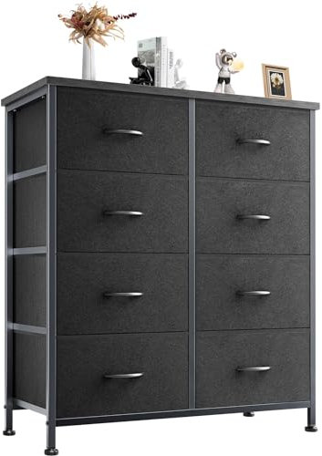 DUMOS Kommode für Schlafzimmer mit 8 Stoffschubladen hohe Kommode Organizer für Kleidung Schrank Kinderzimmer Aufbewahrungsturm mit Schrank Metallrahmen Holzplatte leichte Kinderzimmermöbel