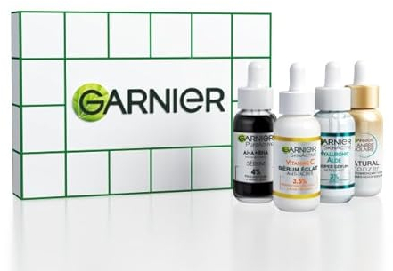 Garnier - Geschenkset mit 4 Gesichtsseren – braunes Flecken-Serum Vitamin C – Serum gegen Mitesser und Unvollkommenheiten – Serum mit Hyaluronic Aloe – Serum Selbstbräuner, Eau de Coco