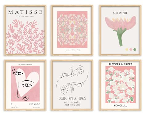 Lilbitty 6 Stück Rosa Blumenmarkt-Wandkunstdrucke, abstrakte Matisse-Wanddekoration, ästhetisch, bunte Ausstellungsposter, Wandkunst, Blumenbilder (20 x 25 cm)