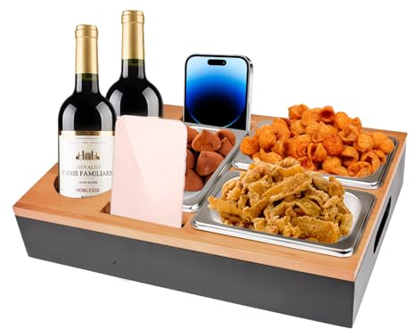 Couchbar Snackbox Holz, Sofa Organizer, AolKee Sofa Tablett Sofa Tisch Tablett mit Edelstahl Snackschalen zum Essen und Trinken