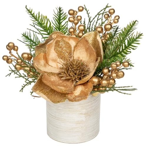 Briful 9 Glitter Magnolia Artificial Flowers in Vase, Christmas Flowers Gold Artificial Flowers with Gold Berry Stems in Brushed Finish Ceramic Pot, Fake Magnolia for Xmas Decor