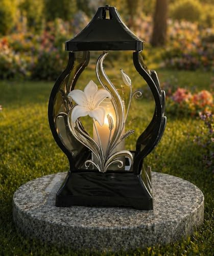Grablampe mit Sockel 30,0 cm Grabschmuck Grablicht Grablaterne Granitsockel Grableuchte Kerze Lampe Laterne Blumen Lilien Trauer Liebe Grabdekoration Grabgestaltung Grabstein