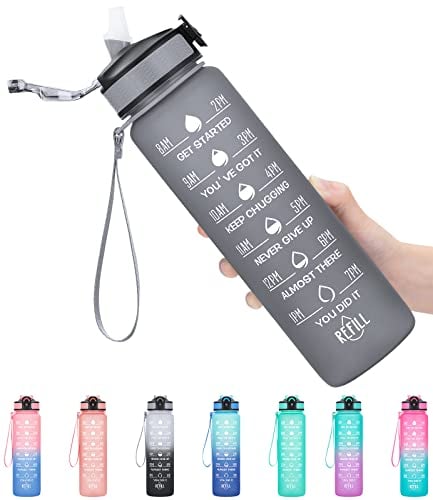 MEITAGIE Water Bottle with Straw - Large 1 Litre BPA Free Sport Water Bottle with Time Markings -Leak Proof Gym with Filter- Ideal for Gym, Sports & Outdoors