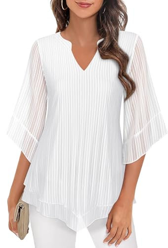 ACDAY Tunic Tops for Women UK Ladies White Blouses and Tops 3/4 Sleeve Dressy Tops for Work Party Cute Clothes Formal Top Elegant Evening Tops for Women UK Floaty Wedding Tops UK