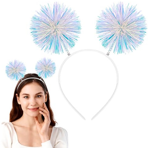 Pom Pom Stirnband mit Folienstreifen, Glitzereffekt Haarband Karneval Haarreifen Flauschige Ball Haarschmuck Shinning Karneval Headwear für Halloween Weihnachten Party Haare Dekorative Damen (Weiß)