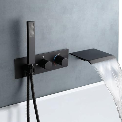 XJTNLB Duscharmatur Thermostat Unterputz Heiße und Kalte Wandmontage Wasserfall Badewannenarmatur Messing,Schwarz