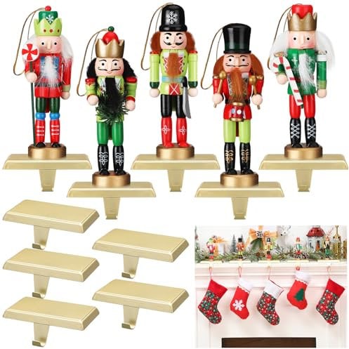 Cinnvoice 5 Sets Christmas Nutcracker Stocking Holder Christmas Mantel Stocking Holders Wood Nutcracker Figures Ornaments Metal Stocking Hooks Hanger for Fireplace Mantel Home Xmas Party Decor
