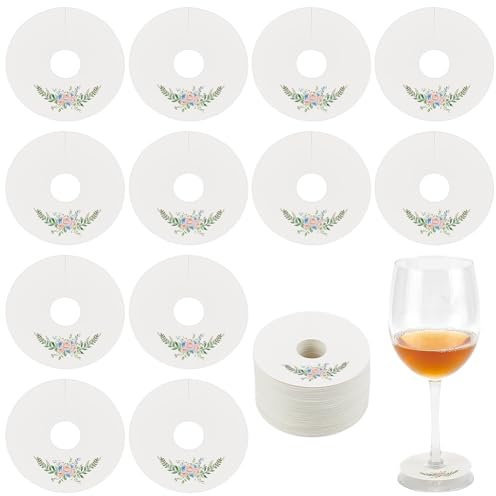 FINGERINSPIRE 150 Pcs Round Wine Glass Markers with Flower Prints Beige Paper Wine Glass Charms Cocktail Champagne Name Tag Wine Glass Identification Tag for Wedding Baby Shower Birthday Party