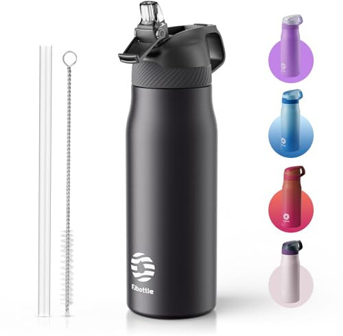 Fjbottle Edelstahl Trinkflasche Sport mit Strohhalm 550ML/710ML - Ein-Klick-Öffnung Kinder Wasserflasche BPA Frei für Schule/Fitness/Yoga