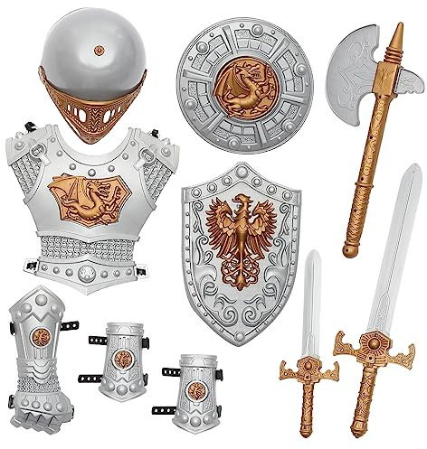JEWEDECO 1 Set Kinder Ritterkostüm Für Halloween Und Karneval Cosplay Verkleidung Für Jungen Mit Wappen Umhang Und Zubehör Ideal Für Fasching Geburtstagsfeiern Und Aufführungen