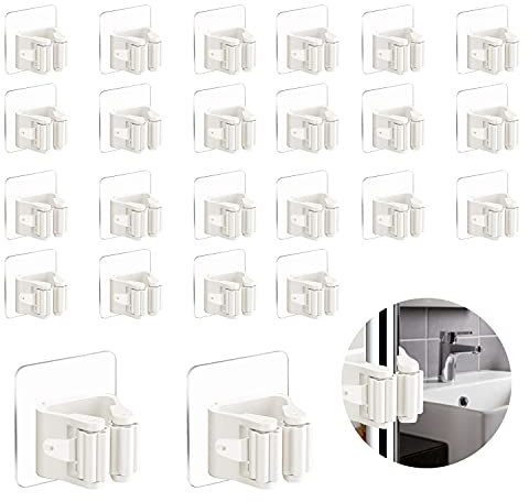 3-H Brush Holder Wall Mounted 23 Pack,Mop Holder Self Adhesive,Broom Holder Wall Mounted for Kitchen Bathroom Closet Garden Garage(White)