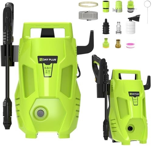 1100W 55 bar Pressure Washer with Adjustable Nozzle, High-pressure Hose(5.5m Power Cord + 7m Hose) and Gun, Flow Rate: 5 L/min, Weight: 5.3kg, Water Filter, Green