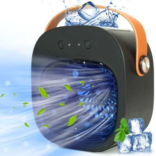 Aire acondicionado portátil, mini ventilador de aire acondicionado recargable de 5200 mAh, 3 velocidades de viento, silencioso y personal pequeño ventilador de aire para dormitorio, coche, hogar