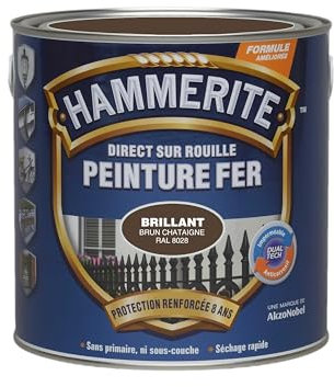 Hammerite Peinture Métal Direct sur Rouille - Anticorrosion, imperméable, direct sans sous-couche - Brun Châtaigne RAL 8030 Brillant 2,5 L