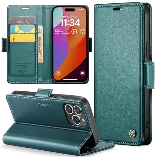 Rerzoiro for iPhone 15 Pro Max Case 6.7 Inch, Premium PU Leather Wallet Case Flip Cover with [RFID Blocking][Card Holder][Stand Function] Shockproof Protective for iPhone 15 Pro Max, Blue-Green